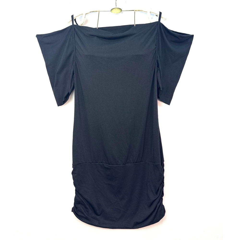 French Atmosphere Black Cold Shoulder Ruched Mini Dress Large 5477 Made in USA